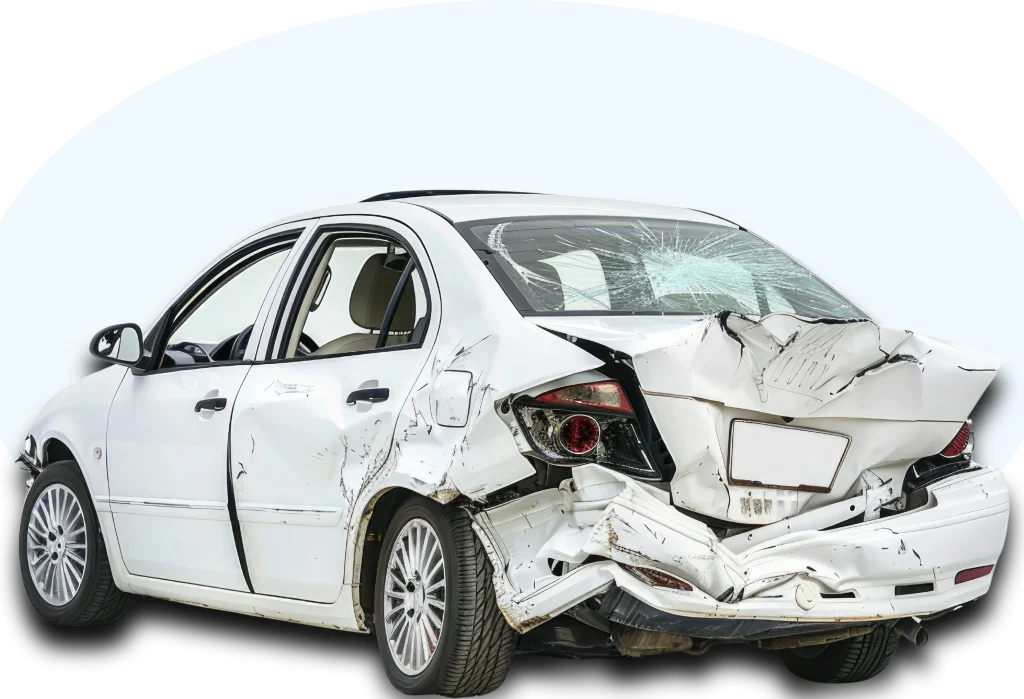 Front and side of white car get damaged