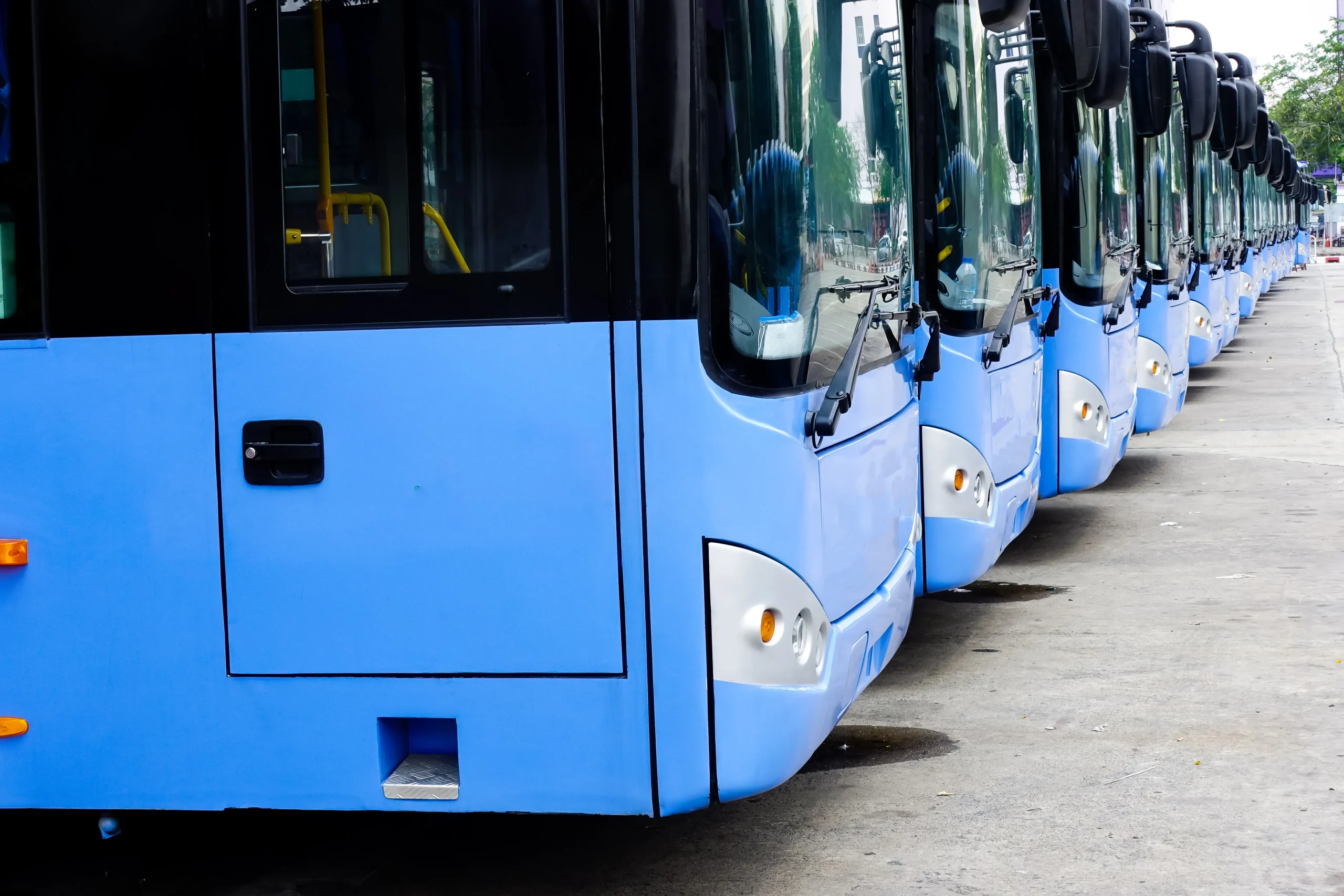 blue tourist buses parking
