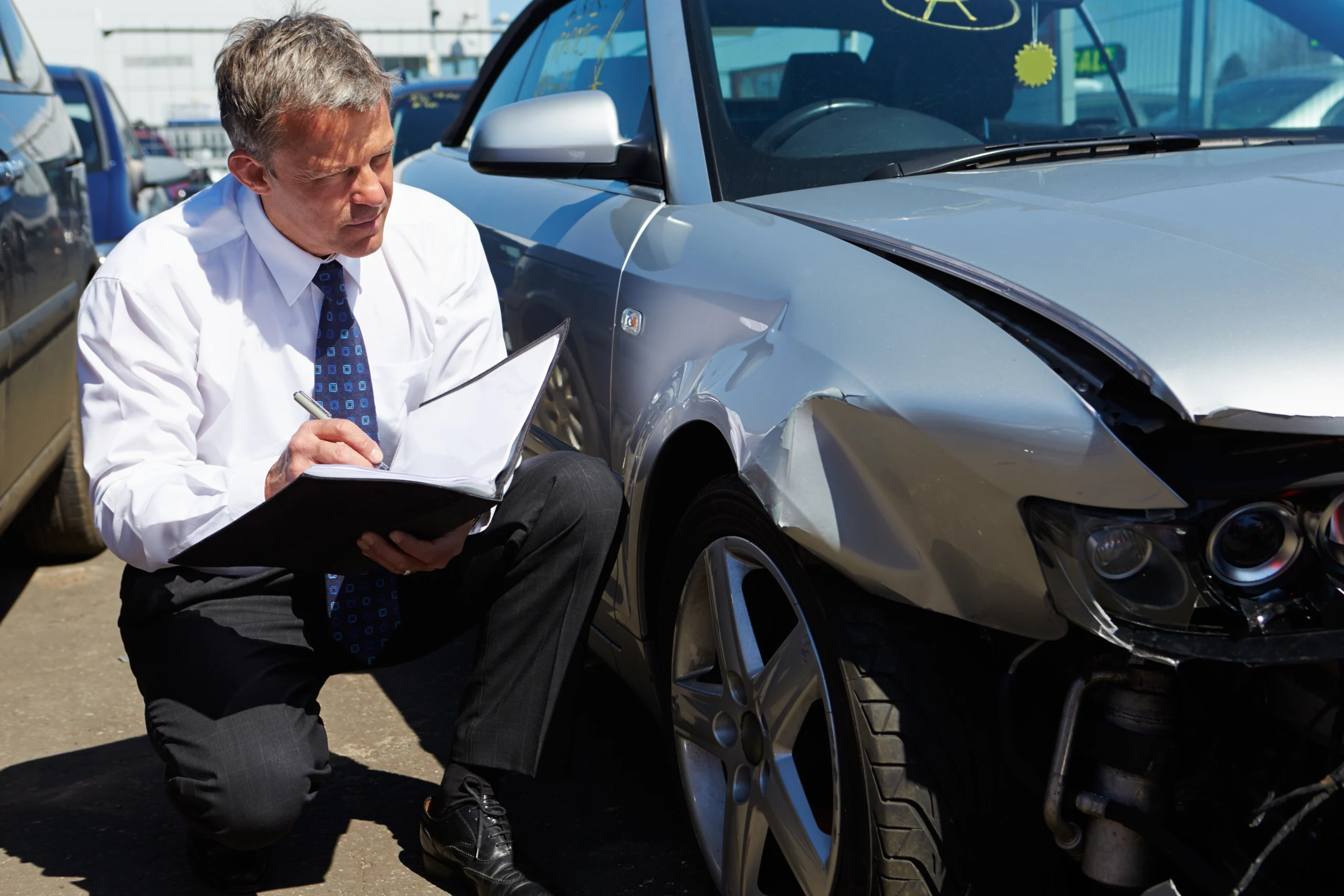 loss adjuster inspecting car involved accident taking notes